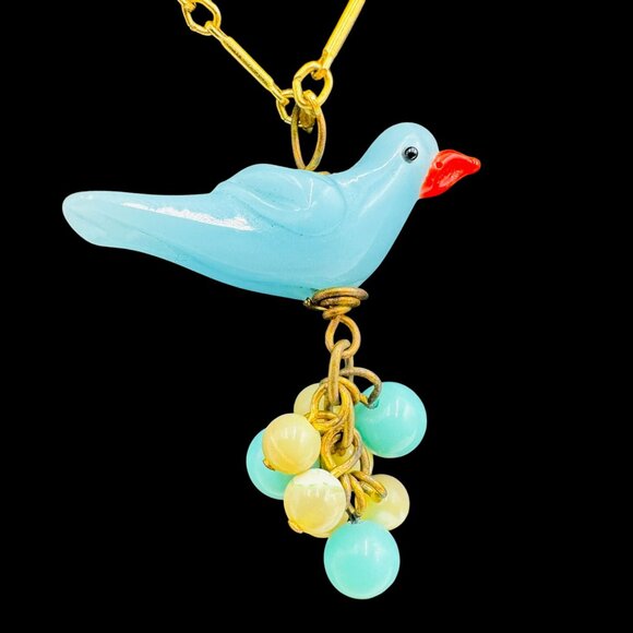 Vintage Lenora Dame Art Glass Blue Bird Sitting on Eggs Pendant Necklace Gold To - Picture 11 of 16